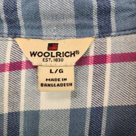 Woolrich Button Down Flannel Shirt Womens Sz L Blue Pink Plaid Long Tab Sleeve - Picture 5 of 7